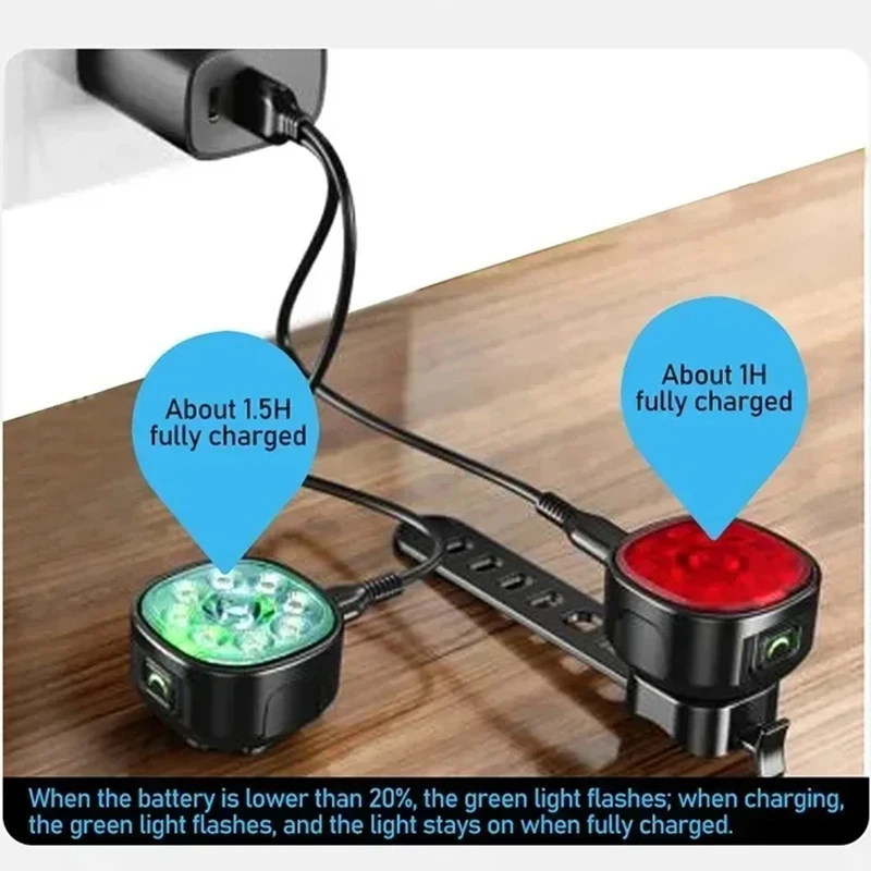 Luz delantera para bicicleta con carga USB, luz trasera de advertencia para bicicleta, faro trasero impermeable, linterna, luz Led para ciclismo