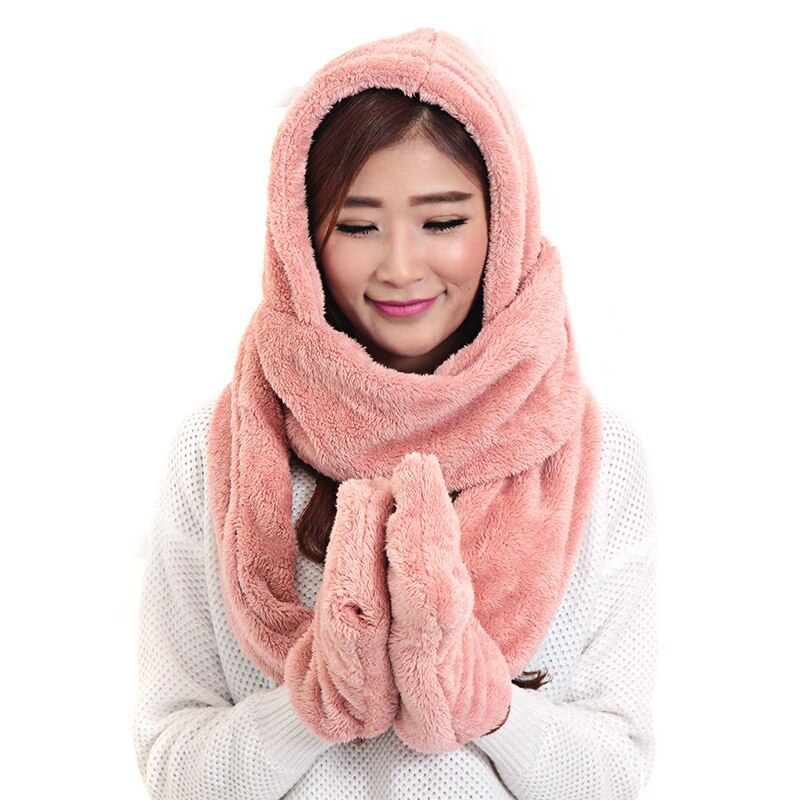 3 in 1 Women Warm Hood Scarf Snood Pocket Gloves Hat Comfortable Warm for Winter Outdoor Sets-B5