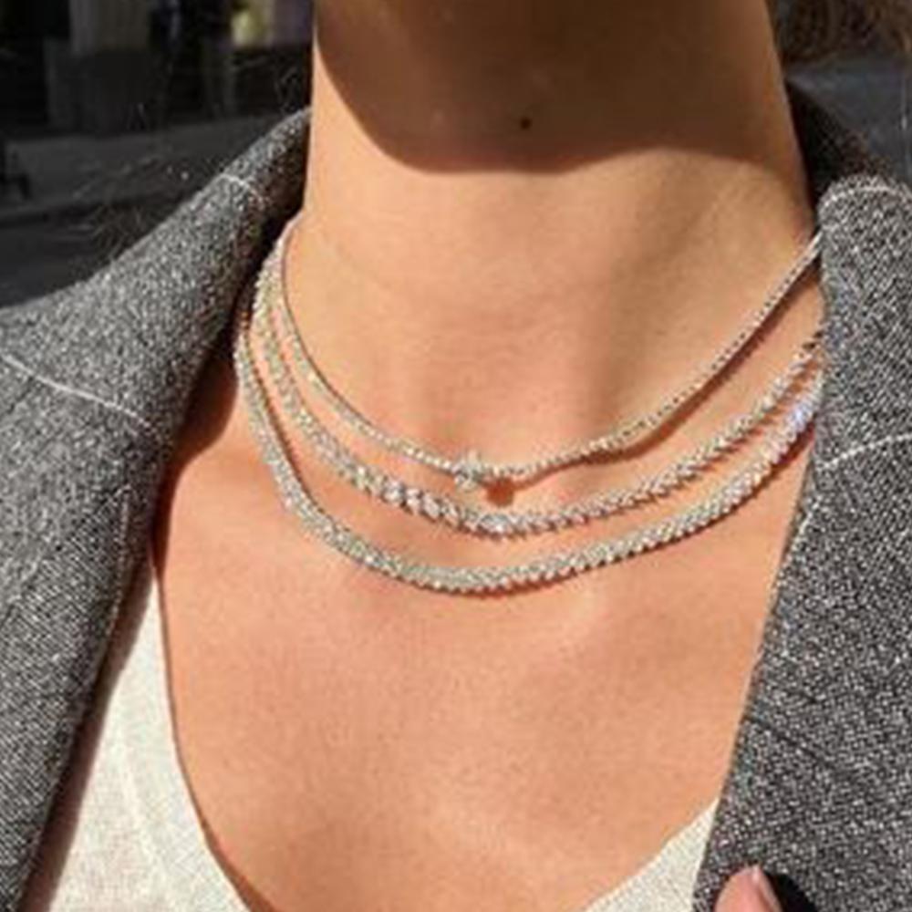 GLAMing Crystal Zircon Choker Necklace for Women Gold Chain Bling Water Shaped Silver-plated Tennis Chain Necklace Collar