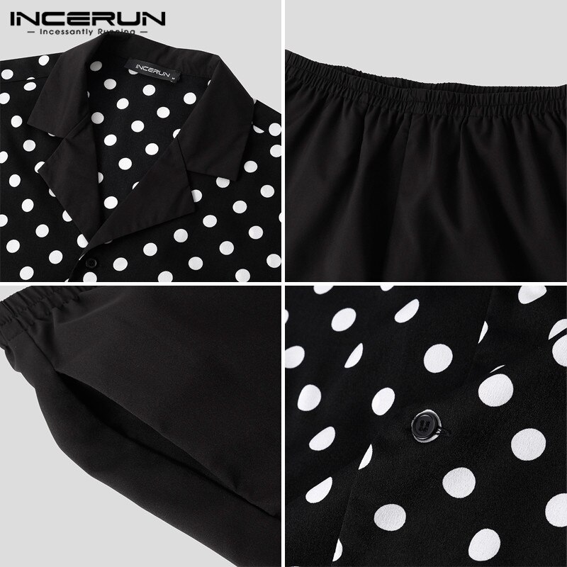 Men Loose Homewear Suits Comfy Sleepwear Sets INCERUN Leisure Polka Dot Blouse Elastice Waist Shorts Pajamas Suits S-5XL