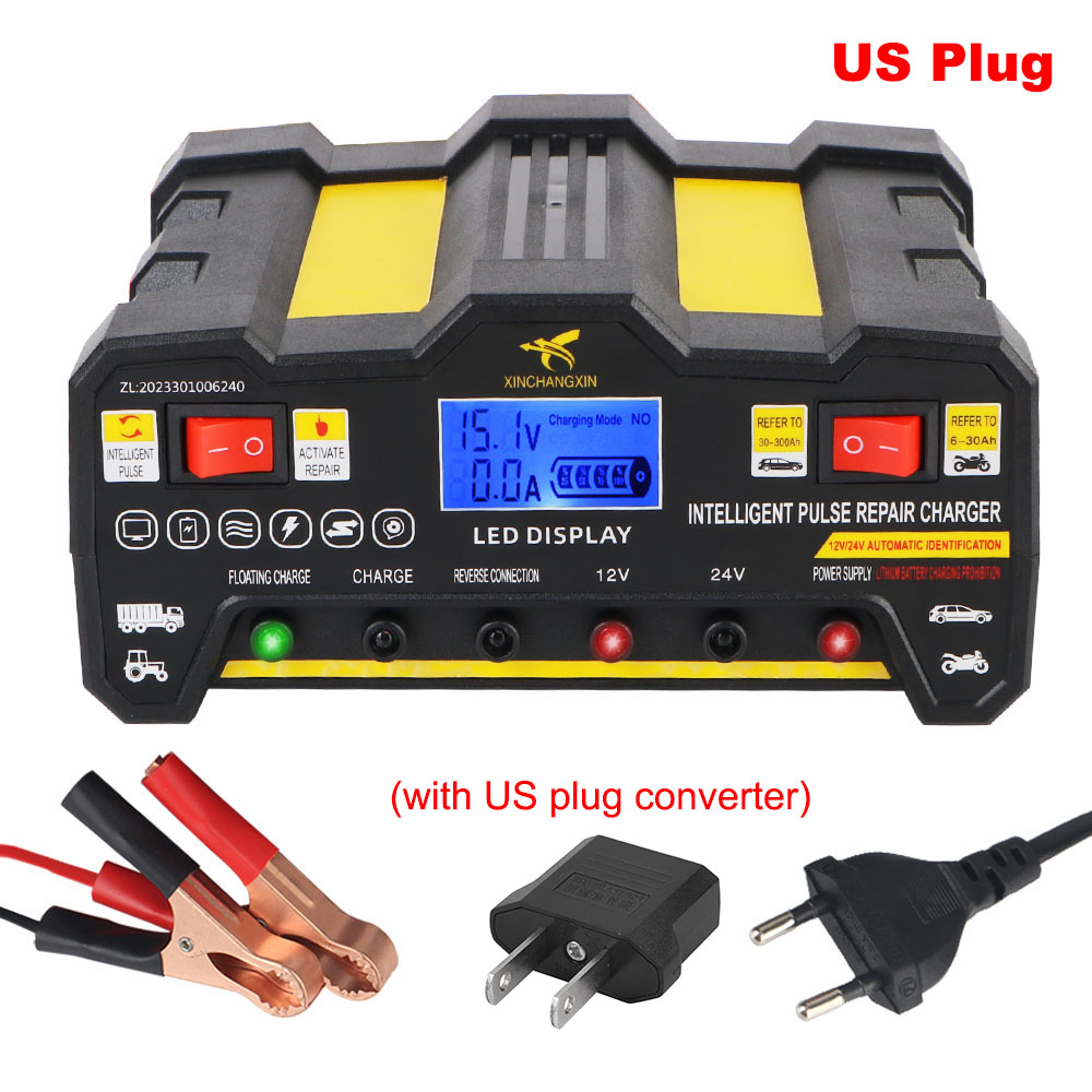 600W Auto-acculaders 12V 12A / 24V 9A Uitgang Snel opladen Intelligente automatische pulsreparatie Batterijlader US EU-stekker: Donkergrijs