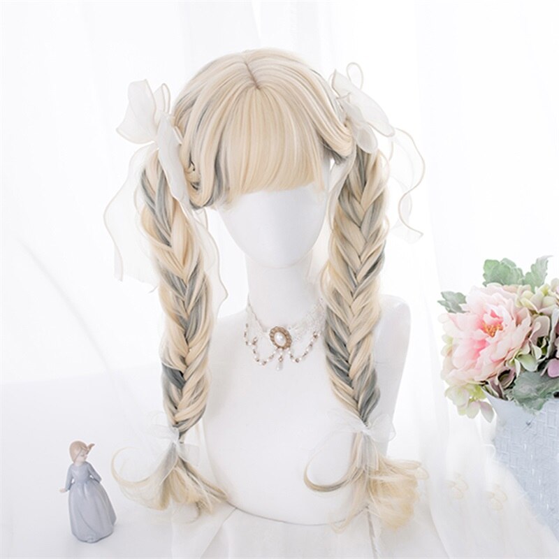 Cosplaysalon 67CM Blonde Mixed Ash Blue Ombre Long Wavy Bangs Cute Halloween Synthetic Hair Women Cosplay Wig