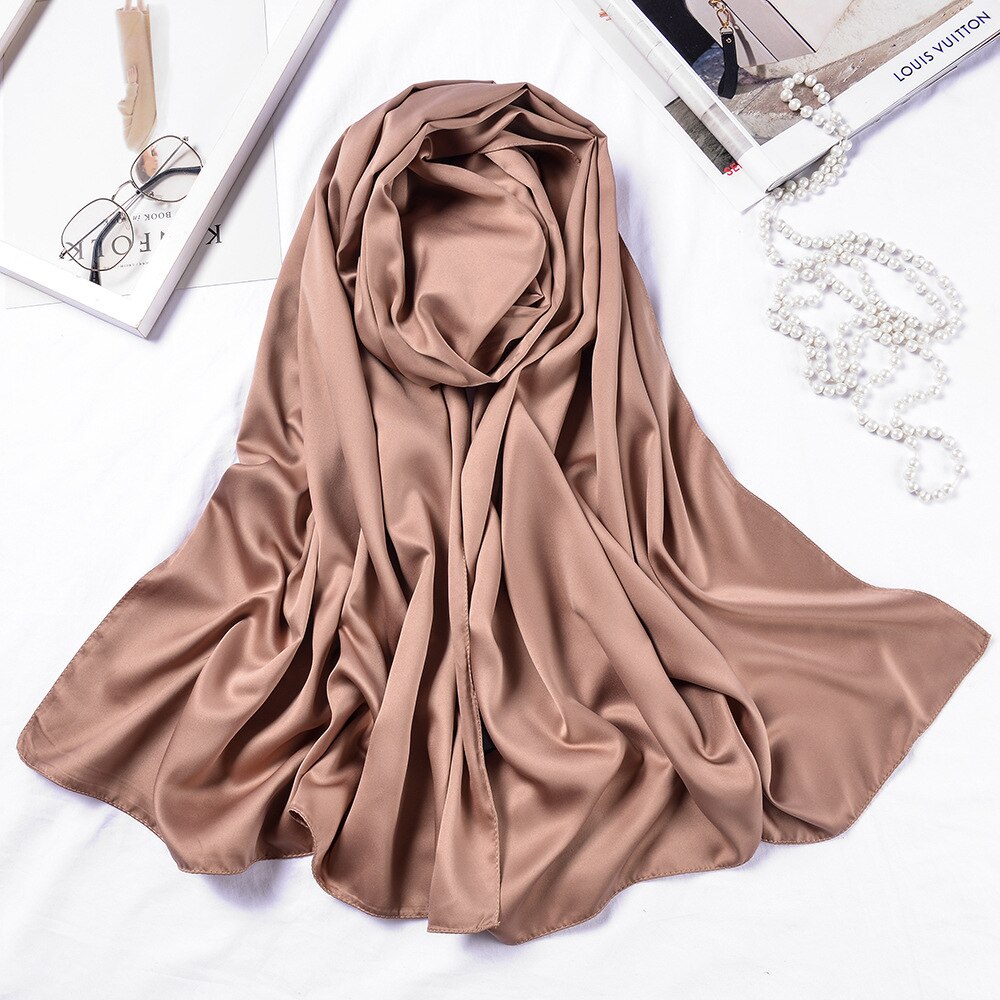 Lange tørklæder sjaler ensfarvet silke satin hijab tørklæde til kvinder halstørklæde kvindelige 70*190cm store poncho tørklæder til damer: Kaffe