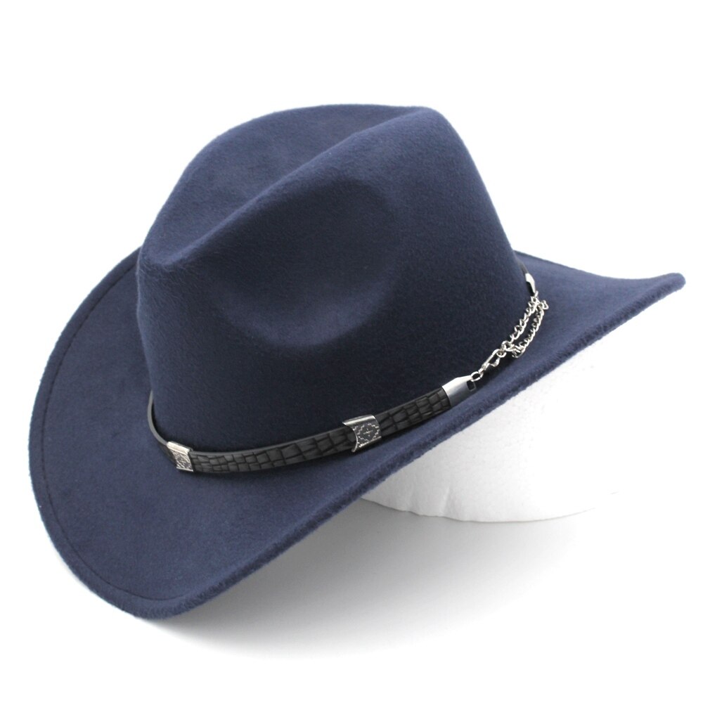 Munng retro kowbojka jeździecki kapelusz kobiety mężczyźni zachodni kapelusz kowbojski czapka z szerokim rondem mieszanka wełny: Granatowy niebieski