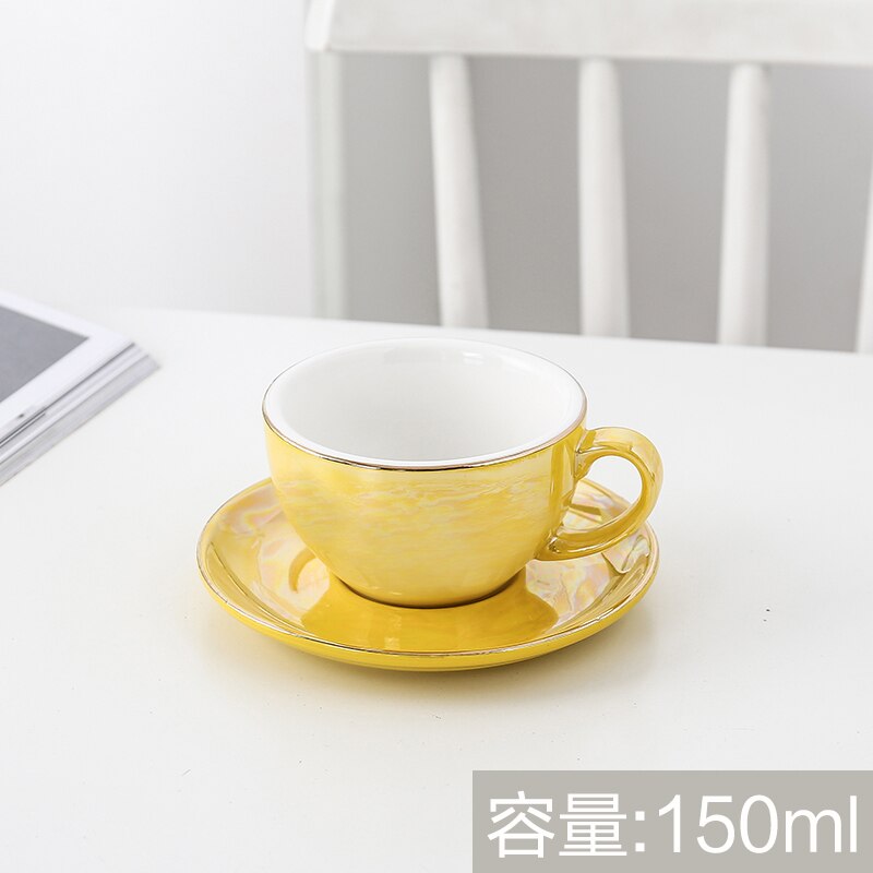 Europese Keramische Kopje Koffie Gold Lijn Parel Glazuur Koffiekopje Schotel Set Thuis Cafe Plezier: Yellow-150ml
