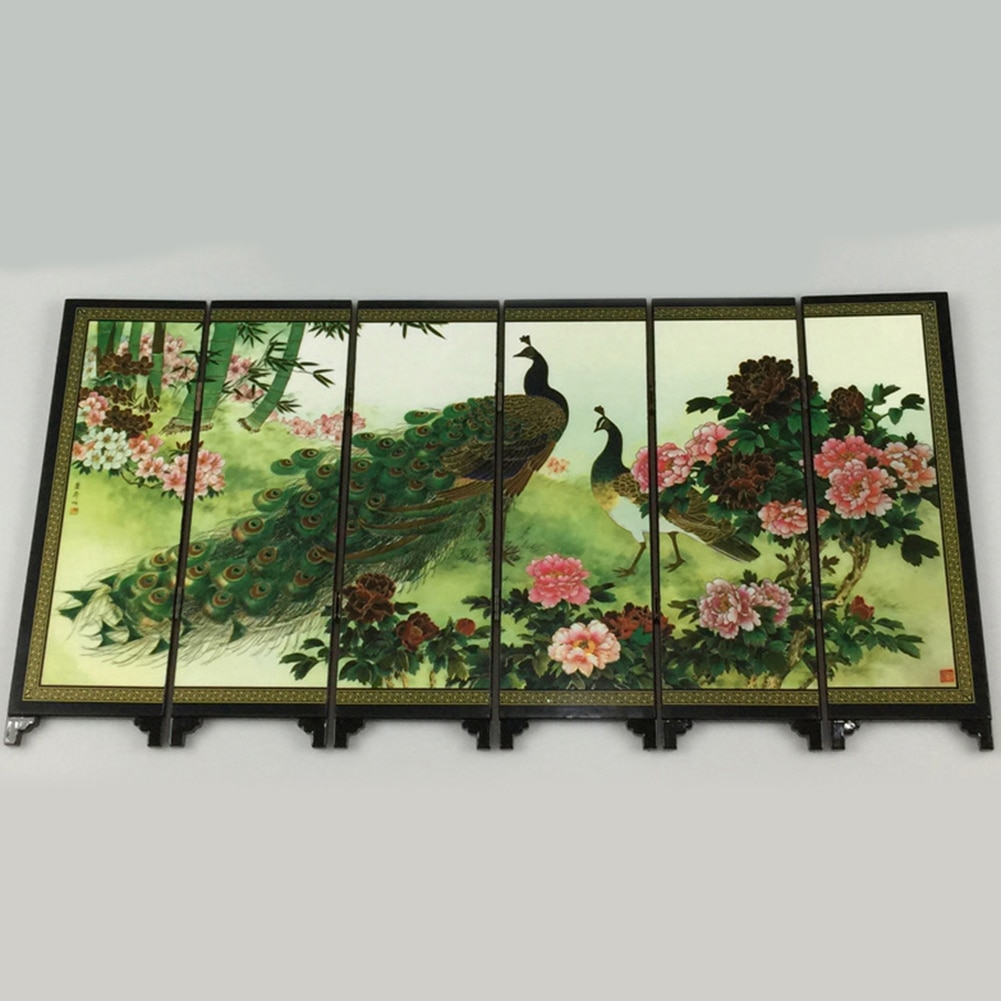 Wooden 6-Panel Peacock Screen Room Divider Folding Partition Desktop Decor