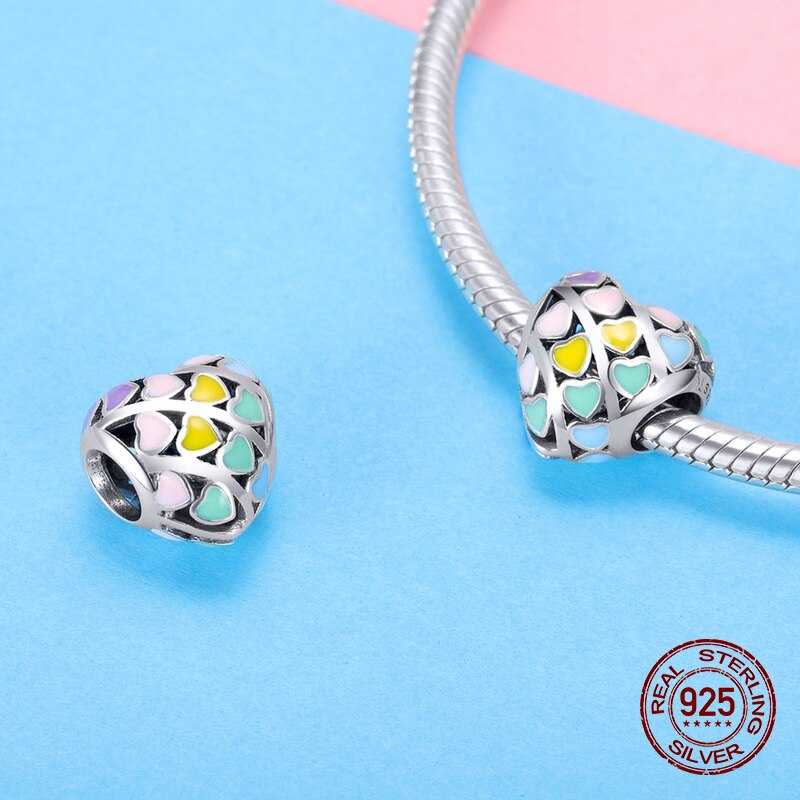 Enamel Rainbow Hart Vormige Eenvoudige Kralen Fit Armband Charm Originele Sieraden 925 Sterling Zilveren Hanger