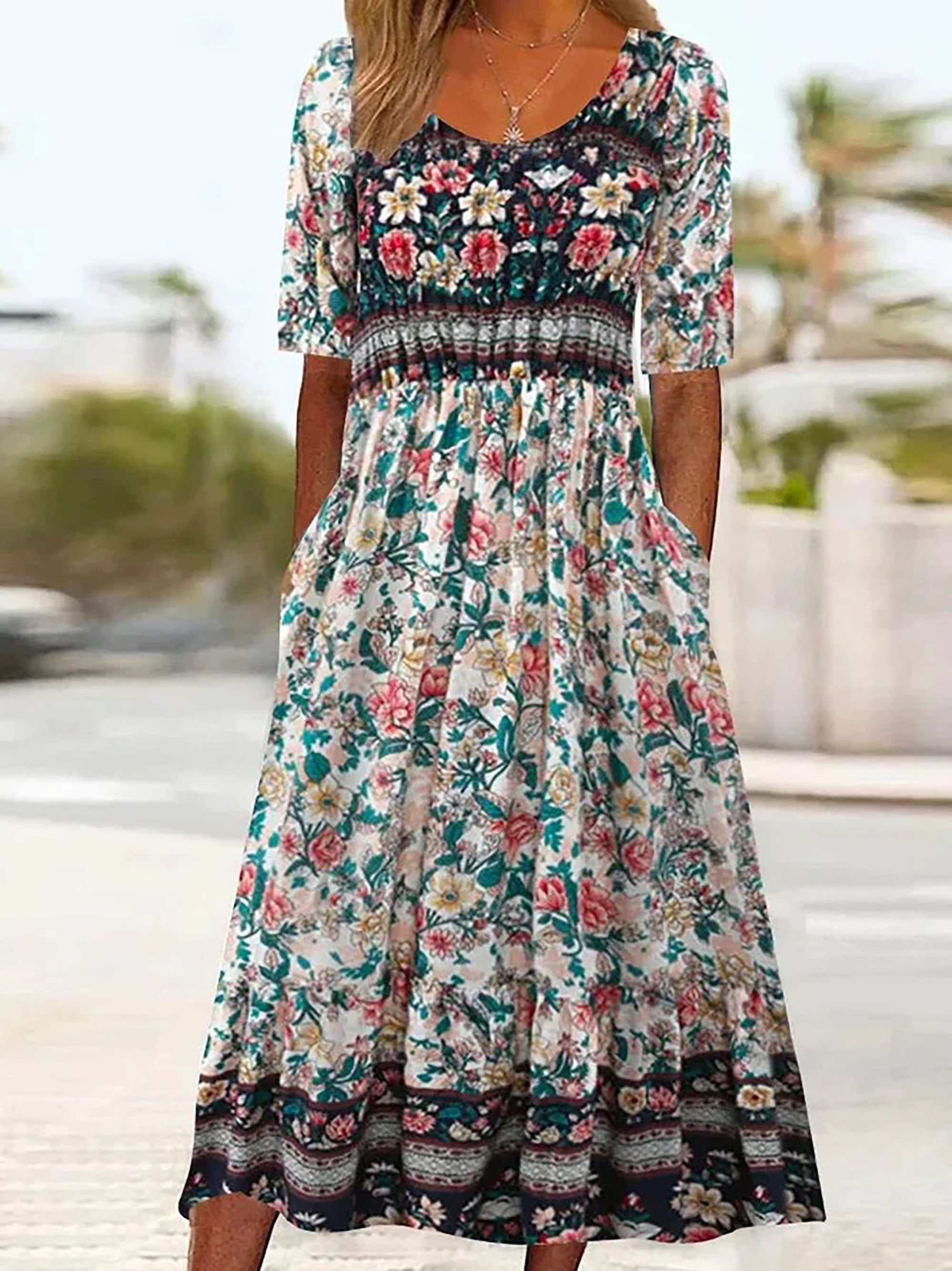 Robe longue style bohémien pour femmes, ample, imprimée, col rond, manches courtes, été 2025: XXXL / Or