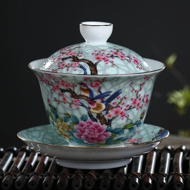Gardon Bird Gaiwan Antique Kiln Tea Tureen Hand-painted Bird Pattern Tea Cup With Lid Ceramic Enamel Tea Ceremony Accessories: C