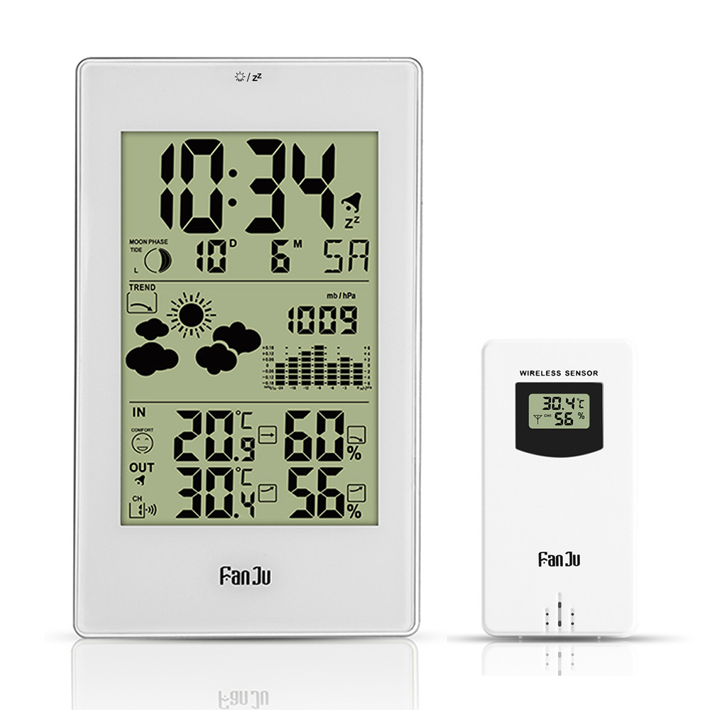 Fanju  fj3352 digitaler schlummerwecker wetterstation mit Barometer prognose temperatur luftfeuchtigkeit kabelloser außensensor