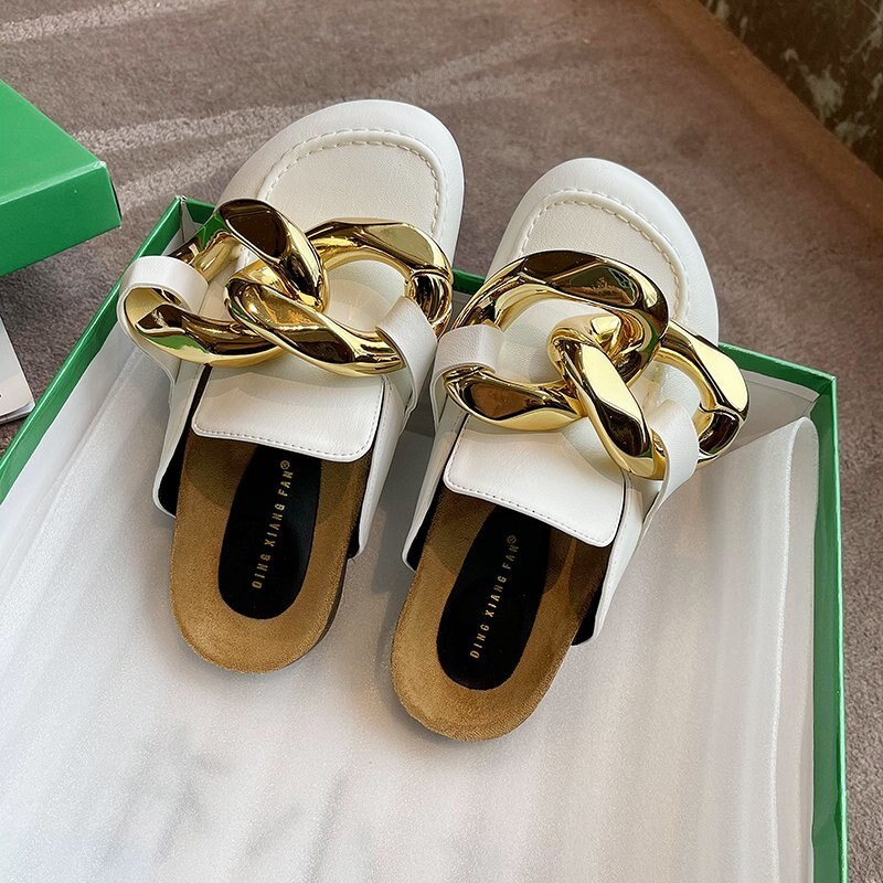 Gold Chain Decor Round Toe Flat Mules Lazy Loafers Shoes Women's Outdoor Cozy Soft PU Leather Casual Slippers Female Shoes
