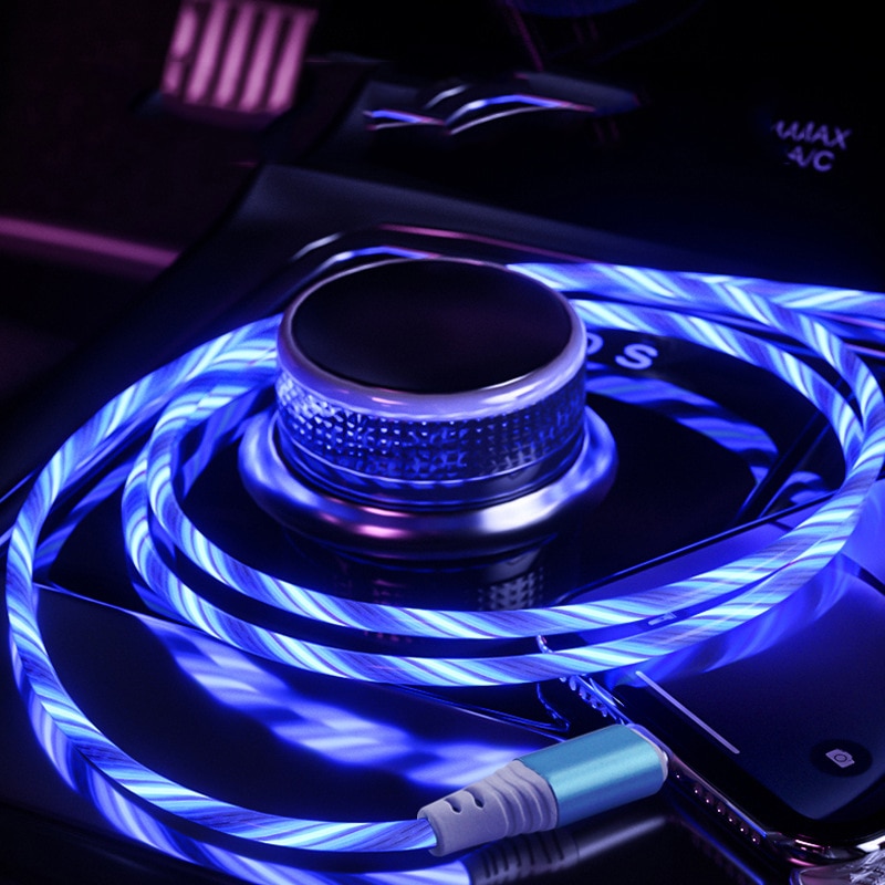 1m usb phone charging cable flowing light charging cord led wire for micro usb type c Illuminated Fast charger