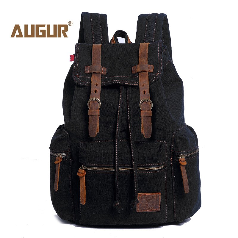 AUGUR 17 inch men&#39;s backpack vintage canvas backpack school bag men&#39;s travel bags large capacity travel laptop backpack bag: Black
