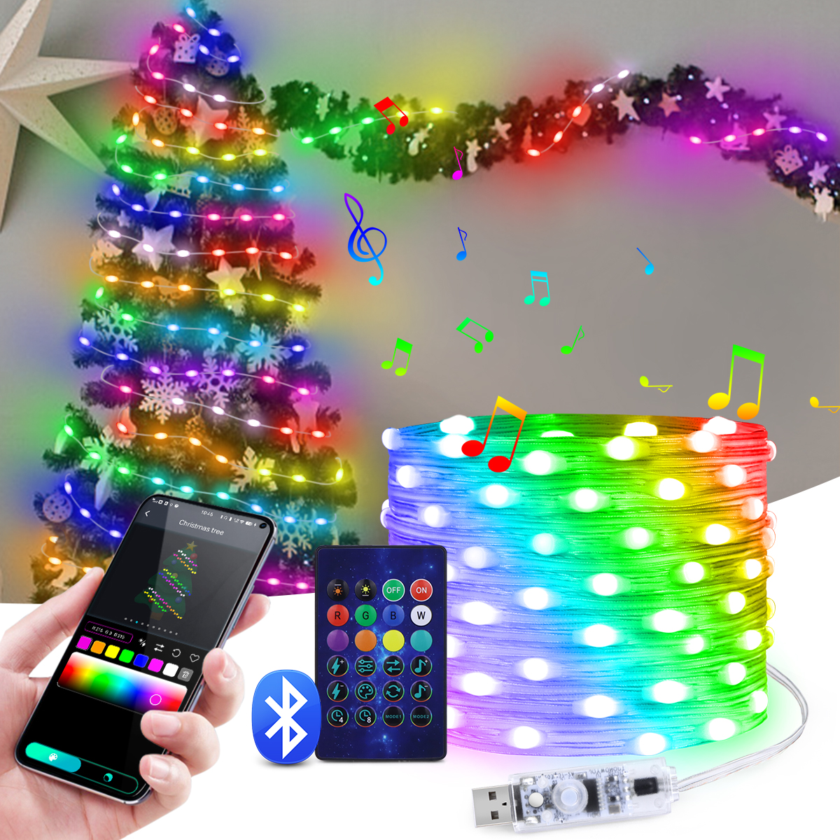 Guirnalda de luces LED con cable de cobre USB, 5M/10M/20M, luces de hadas de Color de sueño, Bluetooth, coloridas, para el hogar, cumpleaños, árbol, decoración de boda