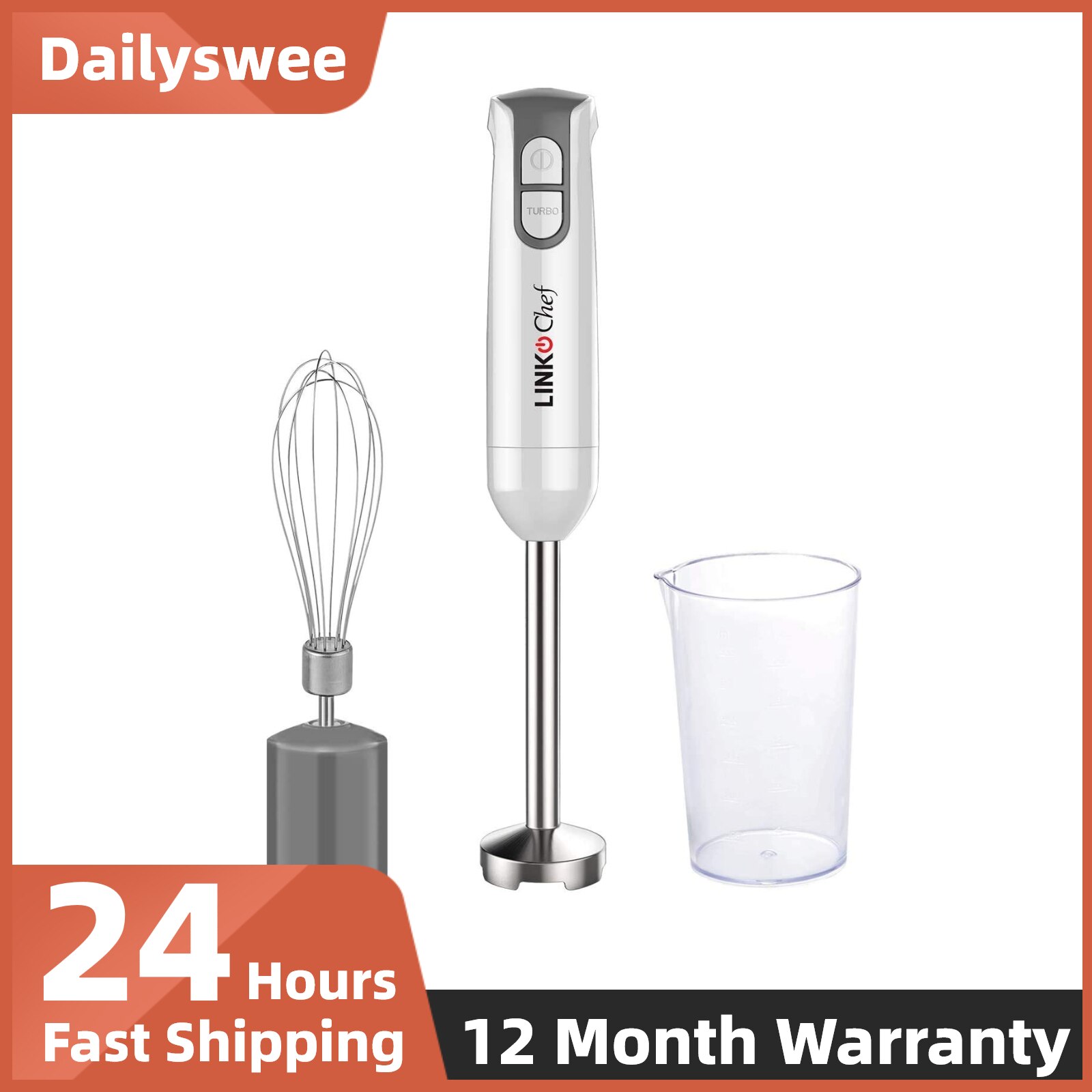 Hand Blender with Beaker Whisk Kitchen Mixer Vegetable Fruit Stirring 400 W 2 Speed Stainless Steel Blades White Grey