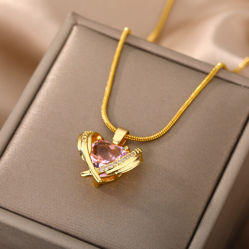 Niedliche rosa halskette mit herzanhänger aus kristall für damen, edelstahl, goldene choker-kette, einteiliges schmuckstück für partys