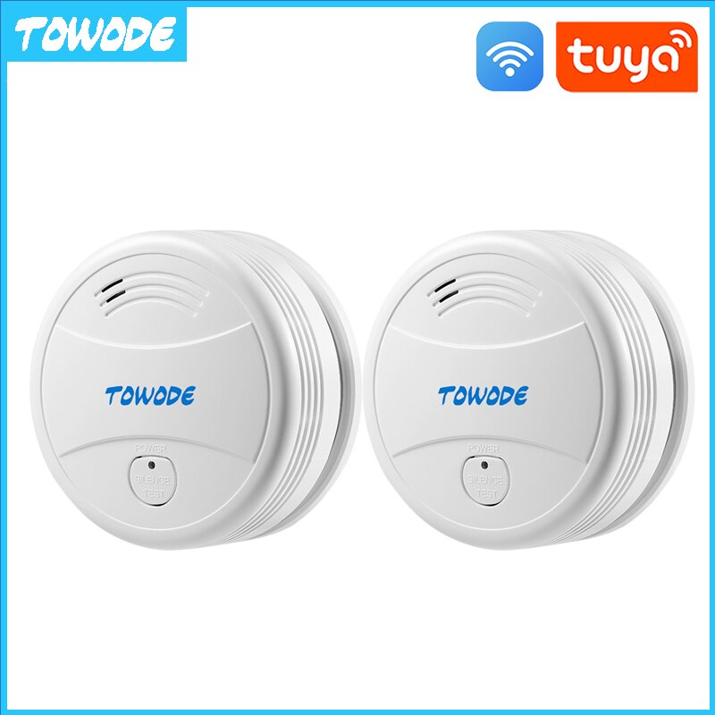 TOWODE Wireless Tuya Smart WIFI Smoke Fire Detector 80db Fire Protection Firefighter Sensors Store House Security Alarm System: WIFI smoke sensor x2
