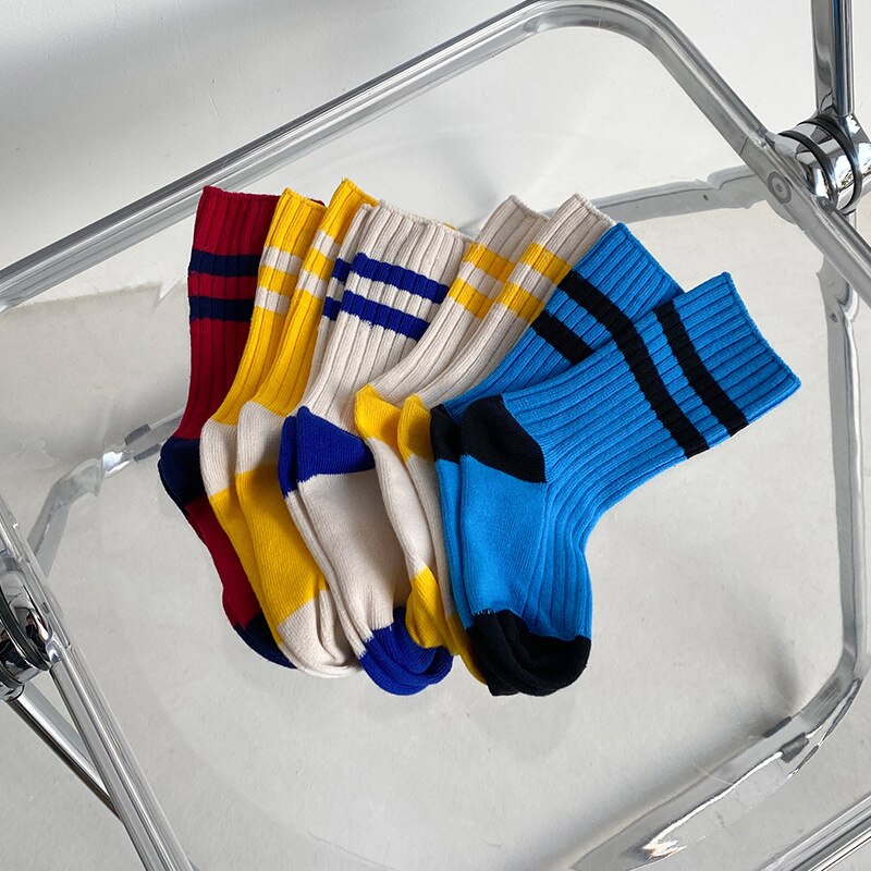 5 Paren/partij Kids Sokken Lente &amp; Herfst Katoen Gestreepte Knie Hoge Sokken Voor Jongens En Meisjes Kinderen Sokken 1-8 Jaar: 2 stripes / M (3-5Y)