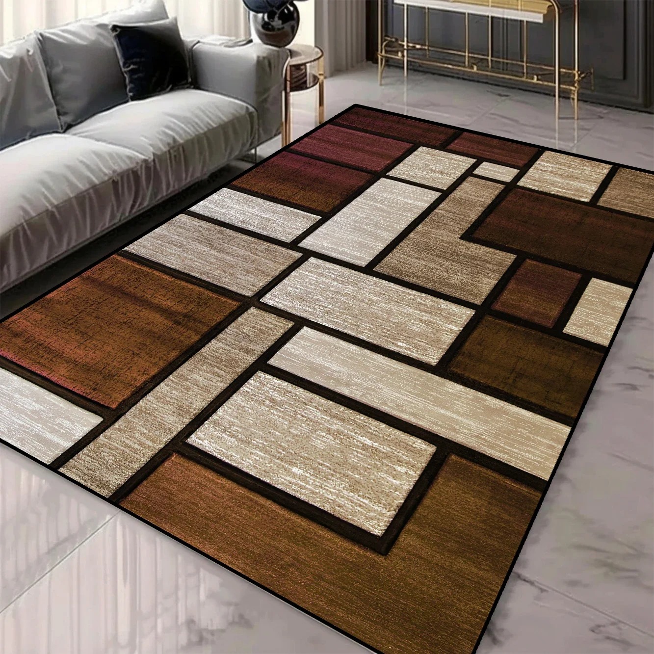 Tapis de zone 3D à motifs géométriques pour décoration de salon et de chambre à coucher Tapis lavables avec support antidérapant Tapis d'inspiration européenne: 91X152CM / Bourgogne