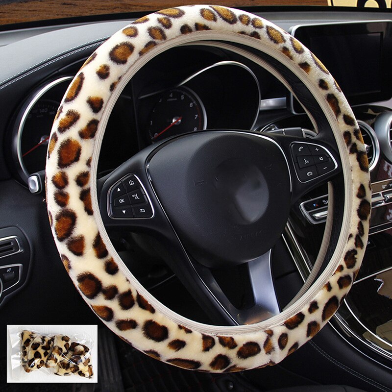 Léopard couverture de volant impression peluche Section élastique voiture volant tresse couverture Auto bricolage accessoires de voiture anti-dérapant doux: Beige