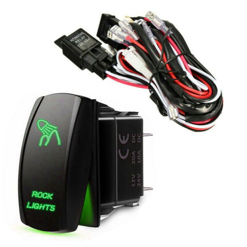 Wiring Harness Kit Green LED Work Light Bar Toggle Rocker Switch 40A Relay Wiring Harness Kit 12V 5 Pin LED Rocker Switch: Rock Light