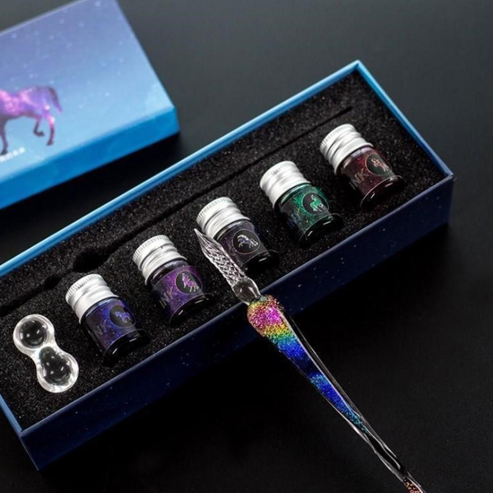 Glass Fountain Pen Water Set Student Crystal Fountain Pen Ink Pen Stationery Handmade Box E7D1