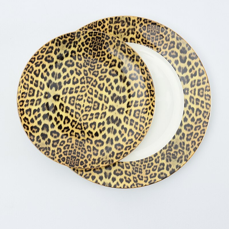 Porzellan Kaffee Tasse und Kaffee Tasse Erzähler einstellen Knochen China Geschirr Getränk Leopard drucken Luxus Steak Geschirr: 2Platte einstellen