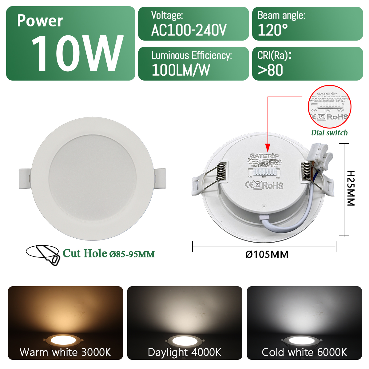 2 uds foco LED empotrable Dial Swich CCT luz de techo ajustada de 3 colores AC 120V 220V 3000K 4000K 6500K iluminación interior: Morado