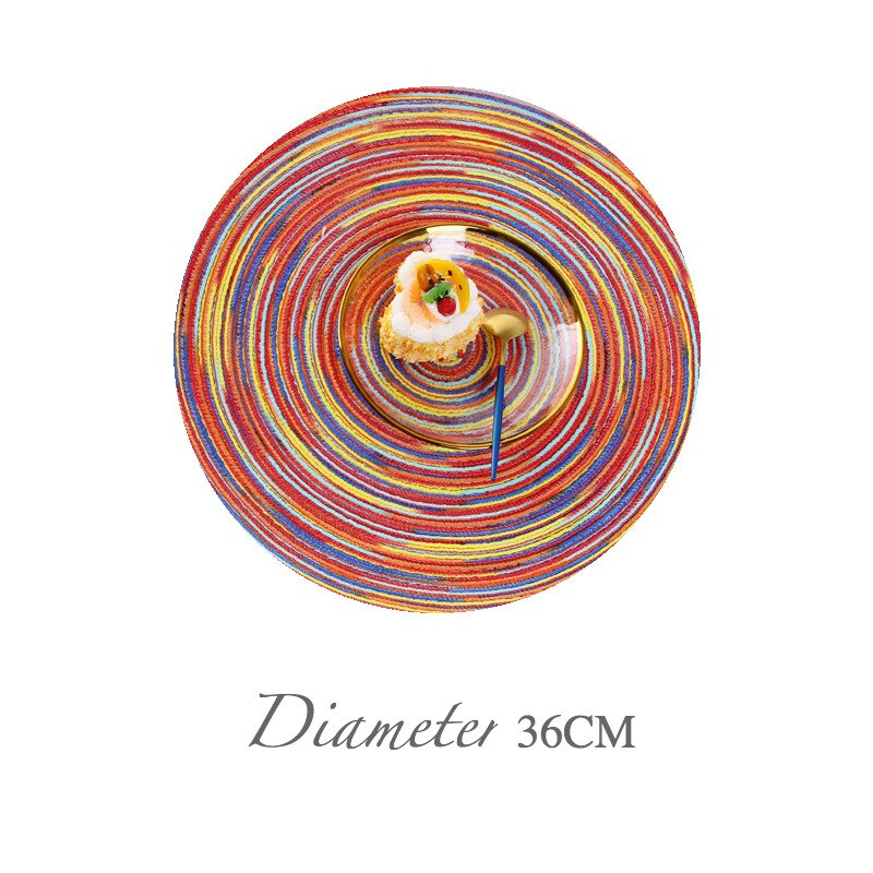 Regenbogen Farbe Tischset Schüssel Satin- Gefärbt Ramie Baumwolle Garn gewebte Tasse Pad Runde Platte matt Individuelle Mantel Esszimmer Untersetzer einstellen: Regenbogen 36cm