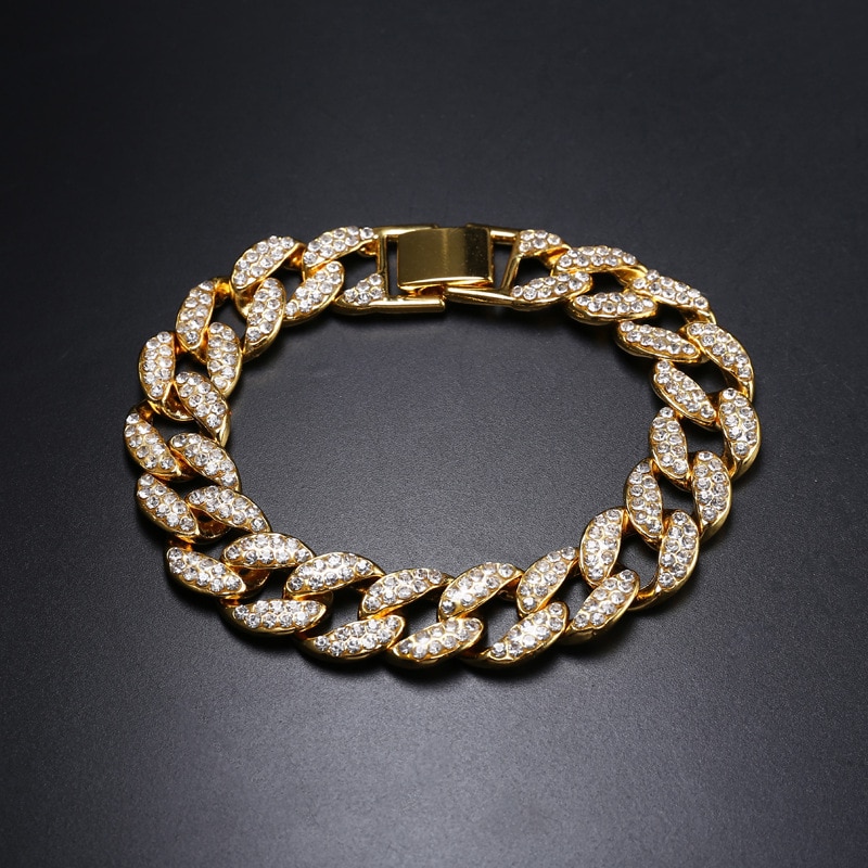 AGLOVER 14mm Hip Hop Miami Curb Cuban Bracelet Golden Iced Out Rhinestones Rapper Silver Colour Gold Bracelets For Men Jewelry