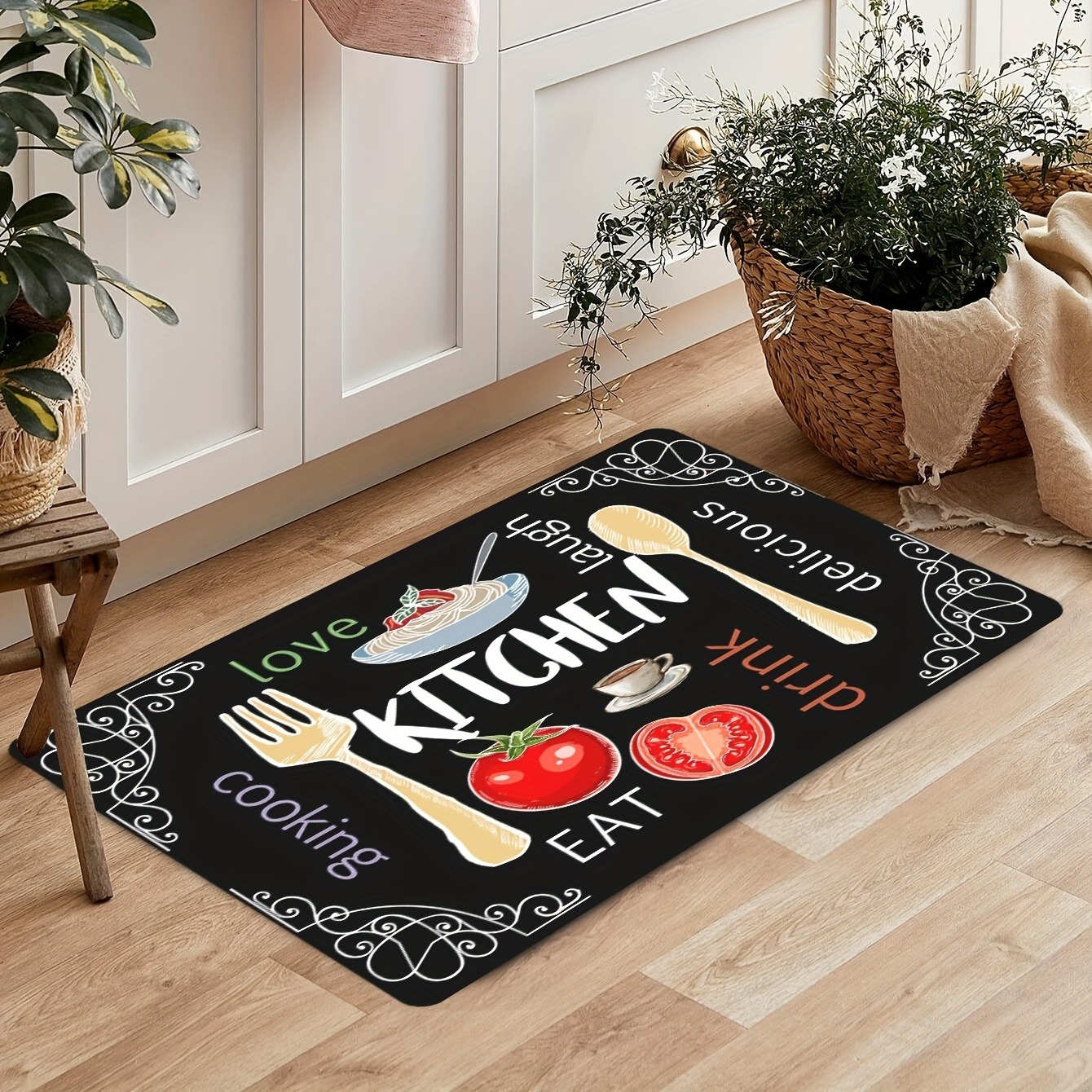 Tapete de cozinha moderno antiderrapante com letras impressas digitalmente vibrantes tapete antiderrapante para cozinha moderna decoração de casa tapete: 150X220cm