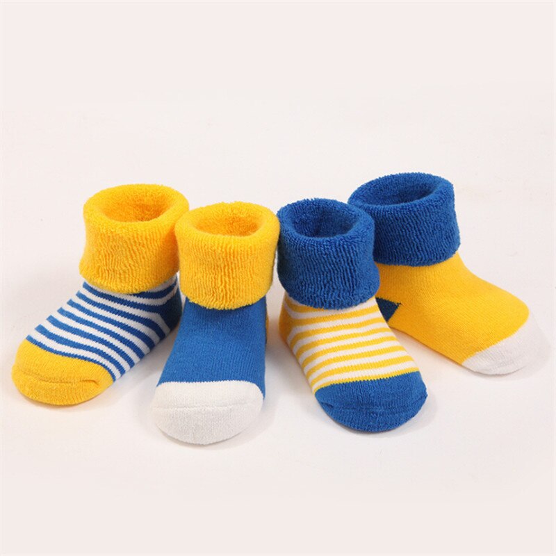 Vinter varm fortykkelse flanger stil børn sokker drenge piger sokker 4 par / pakke baby sokker: Gulblå / 6m