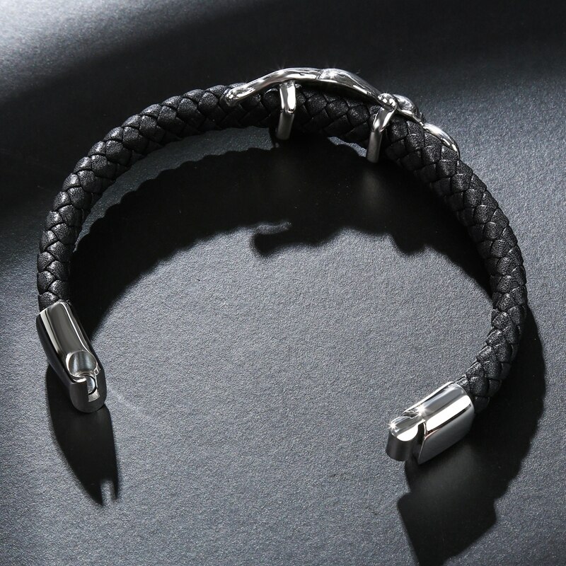 Klassieke Mannen Armband Black Leather Skeleton Rvs Magneet Gesp Armband Man Luipaard Sieraden PS2098