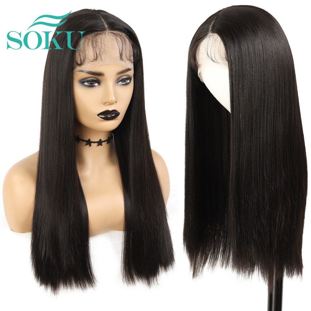 SOKU-perruque noire synthétique longue et lisse avec raie centrale, cheveux naturels en Fiber résistante à la chaleur, pour femmes noires