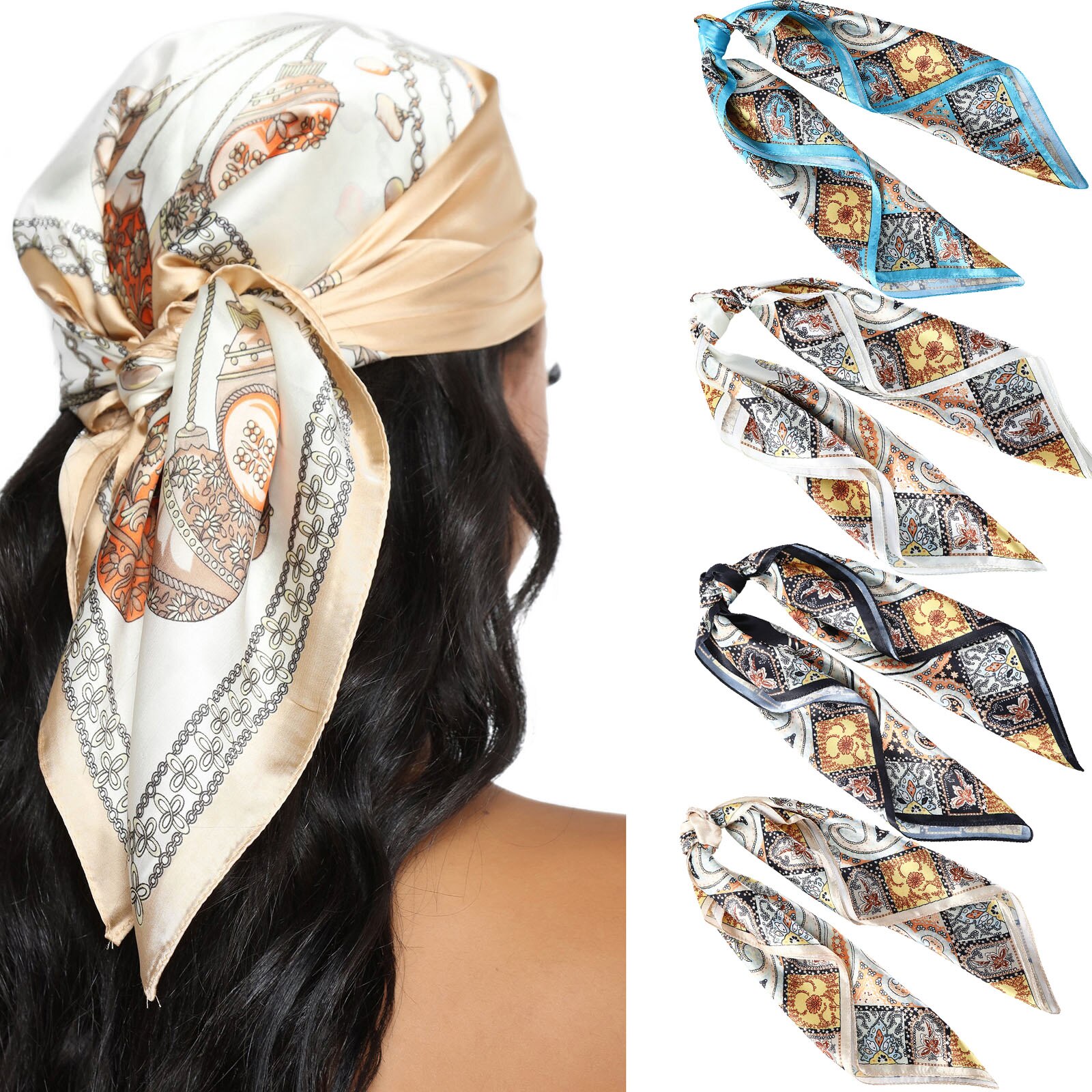60*60CM Druck Bandanas Haar Bands Für Mädchen Frauen Platz Satin- Schal Turban Stirnband Neue Jahrgang Haar zubehör