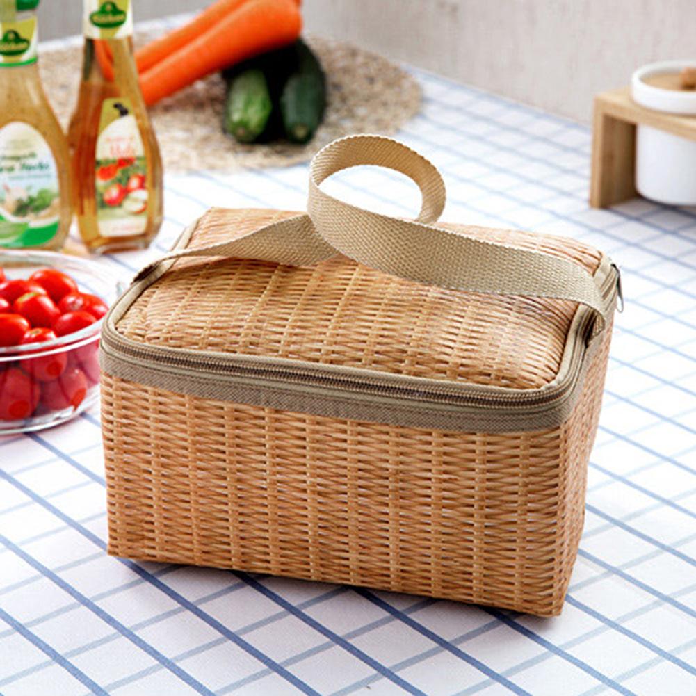 Draagbare Imitatie Rotan Lunch Bag Geïsoleerde Thermische Koeler Lunchbox Tote Opbergtas Container Voedsel Picknick Tas