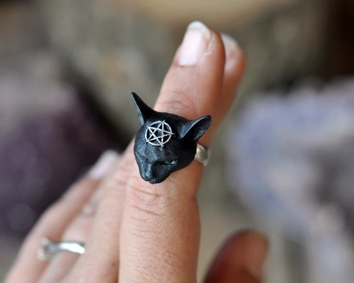 Anillo de gato de pentagrama 3D hecho a mano, anillo de gato negro, joyería de gato brumoso, accesorios de mujer