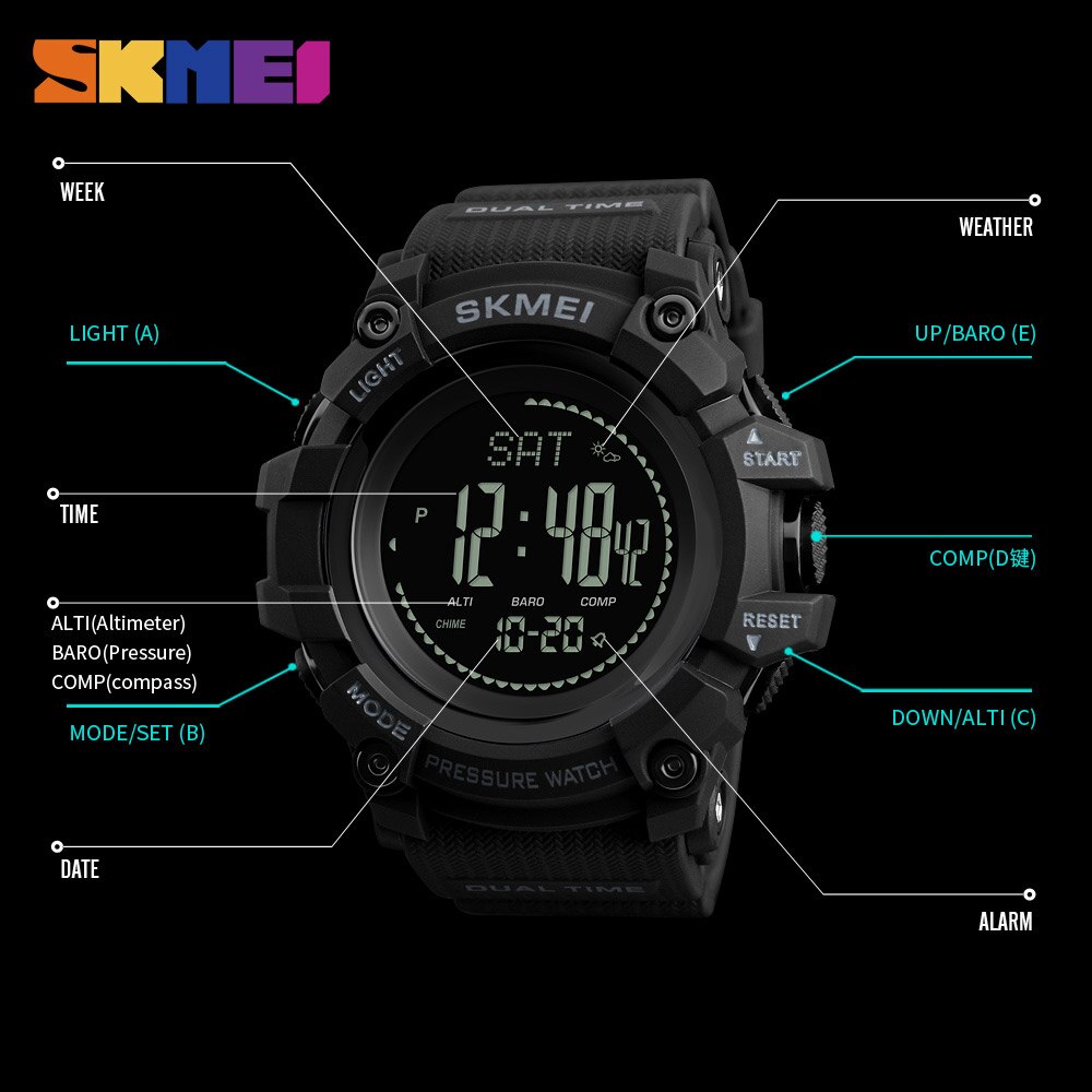 Skmei Outdoor Horloges Heren Druk Kompas Sport Digital Horloges Hoogtemeter Weer Tracker Waterdicht Reloj Hombre 1358