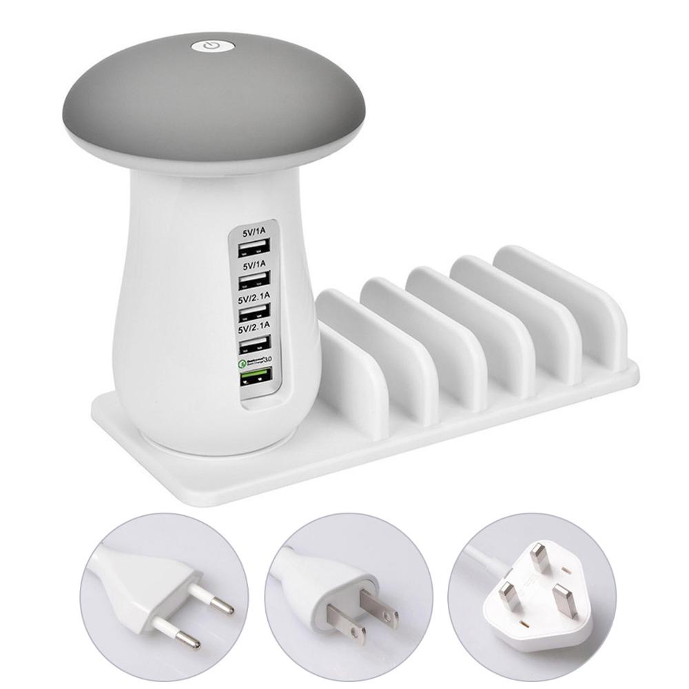 Besegad Mushroom Led Light Lamp Usb Opladen Dock Station Organizer Met 5-Poort Voor Iphone Samsung Galaxy Smart Phone tablet
