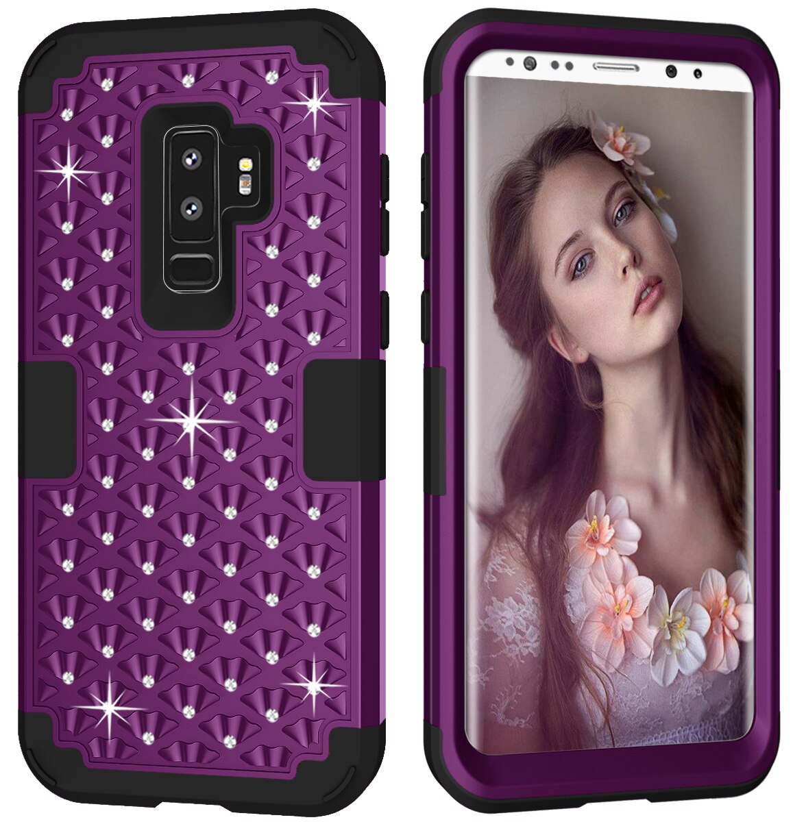 Estuches para Samsung Galaxy S9 Plus, híbrida resistente a golpes con diamantes de imitación brillantes con doble capa de protección contra impactos: For Galaxy S9 Plus / Purple Black