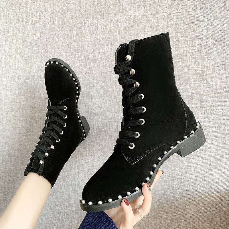 Femmes automne bottes tête ronde Martin bottes concepteur épais fond bloc épais avec des bottes pour femmes dames perle dentelle bottes