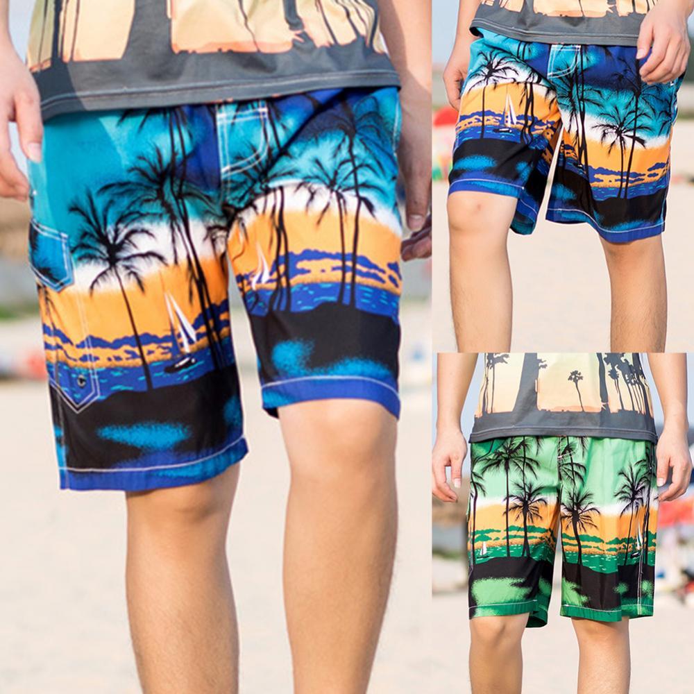 Plus Size Coconut Tree Print Men Swimming Trunks Summer Beach Shorts Boardshorts