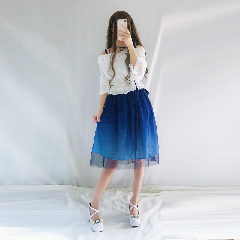 JSK Shinning Stars Lolita Dress Gradient JSK Star Blue Girls Solid Fancy Dress Lace Ruched Pleated Dress With Shirt Set