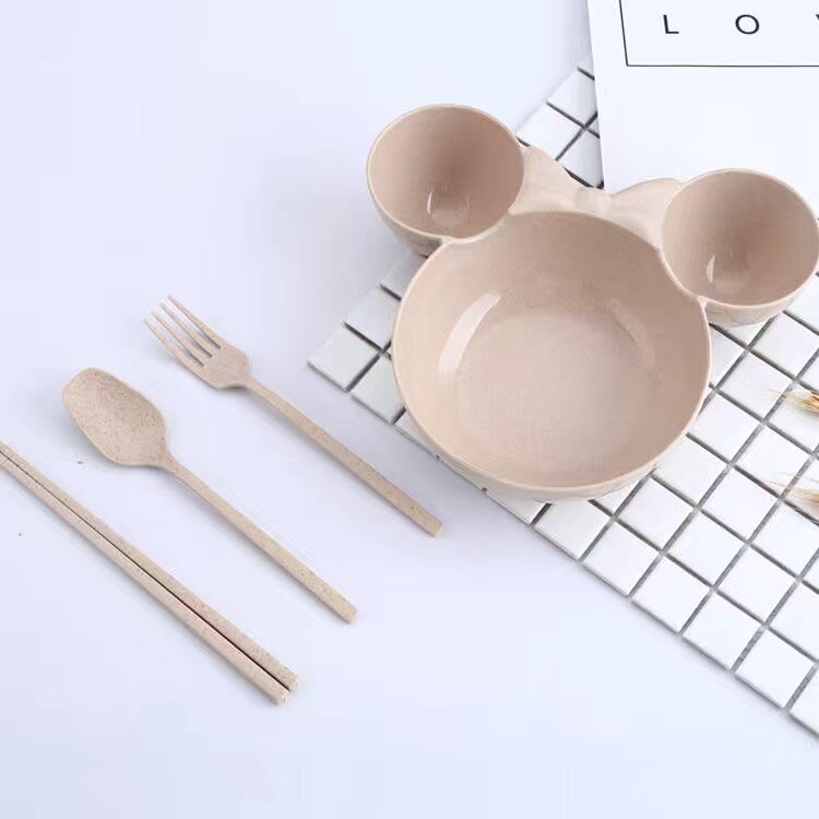 Barn servise sett baby matskål barn skje gaffel barn tallerken sklisikre tallerkener tallerkener servise til babyer varer: Beige sløyfe