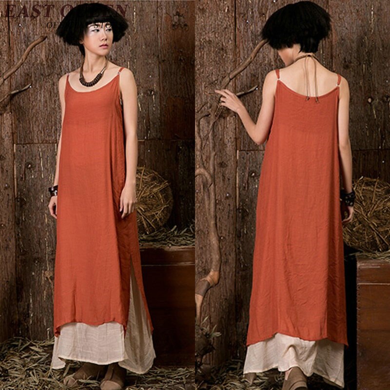 Kvindes sommer linned kjoler sommer linned tøj kvinder tofarvet lang tank top kjole slip kjole  aa2432 yq