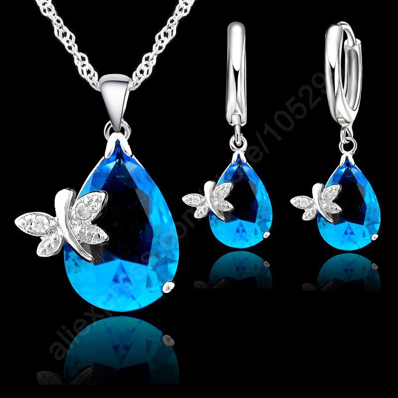 Elegante Libel Water Sieraden Set 925 Sterling Zilveren Hanger Ketting Earring Aaa Zirconia Grote