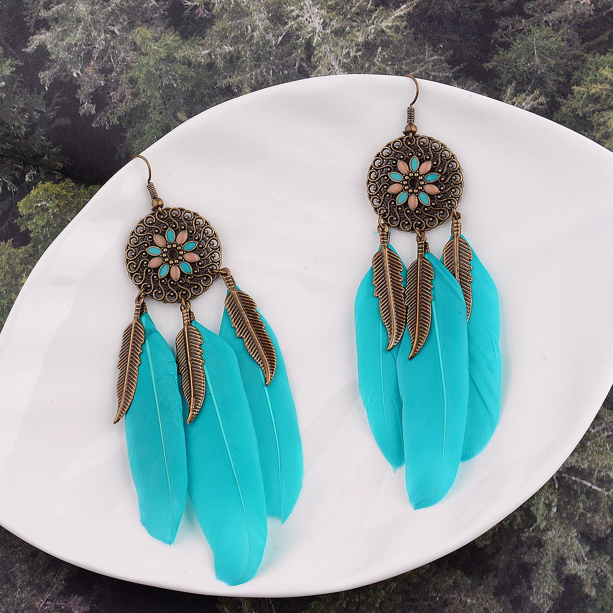 Pendientes de borla de plumas bohemias para mujer, aretes de gota de agua Vintage, joyería India Bohemia Kolczyki: HQE282-1