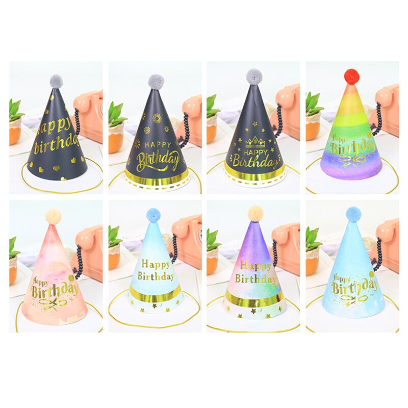 Happy Birthday Party Hats Colorful Paper Cap With Wool Ball First Birthday Hats Child Princess Crown Party Supplies Baby Shower