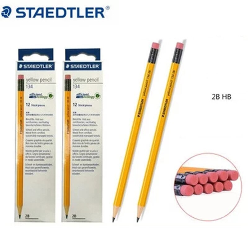 2pcs STAEDTLER Yellow Wood Pencil + Rubber Yellow Rod Classic Pencil 134 HB/2B