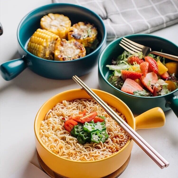 Nordic Ceramic Salad Bowl Single Handle Breakfast Cereal Fruit Bowl Solid Color Dessert Soup Noodle Bowl Microwave Oven Special